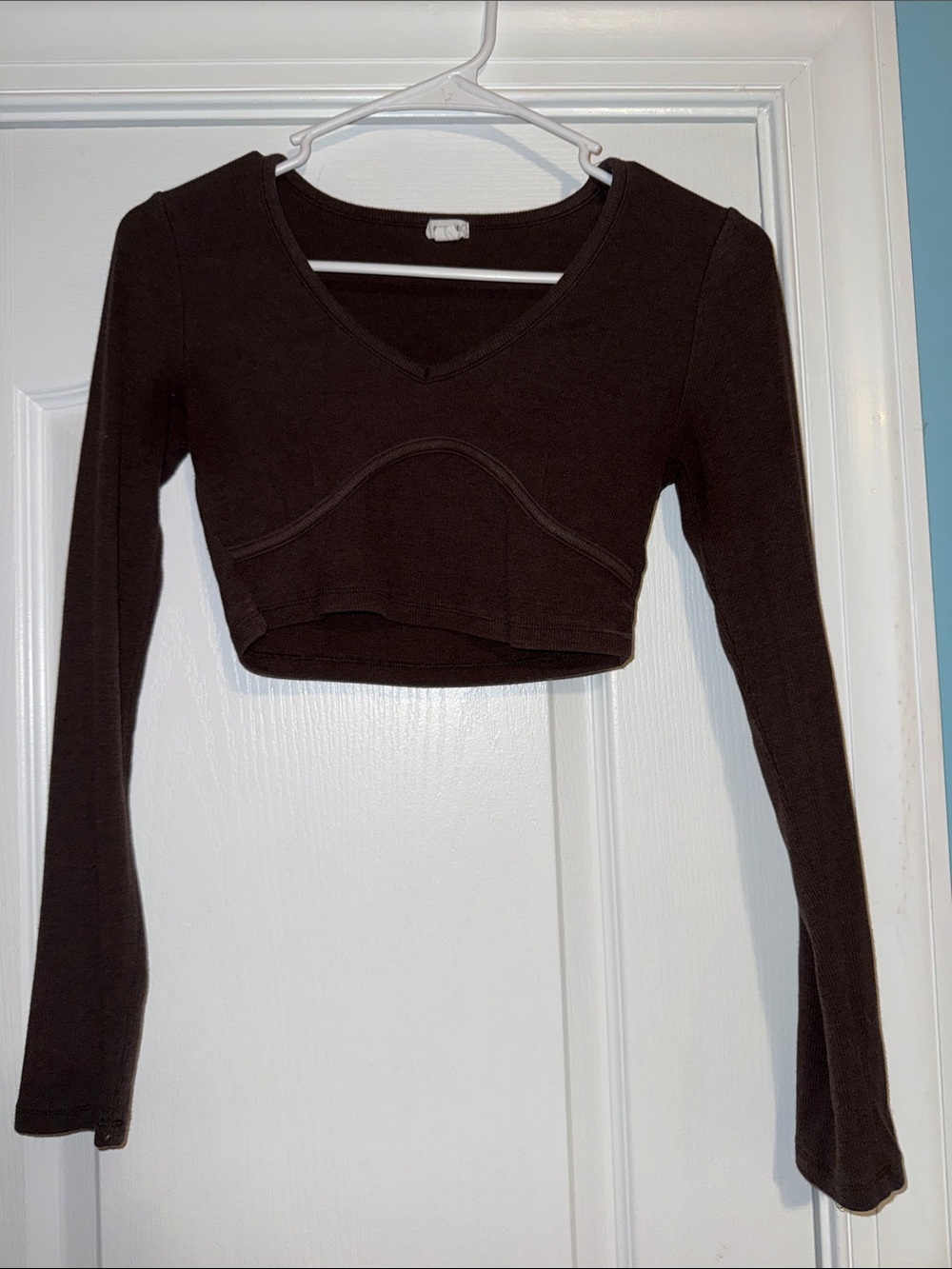 Garage Dark Brown V-Neck Cropped Long-Sleeve Top
